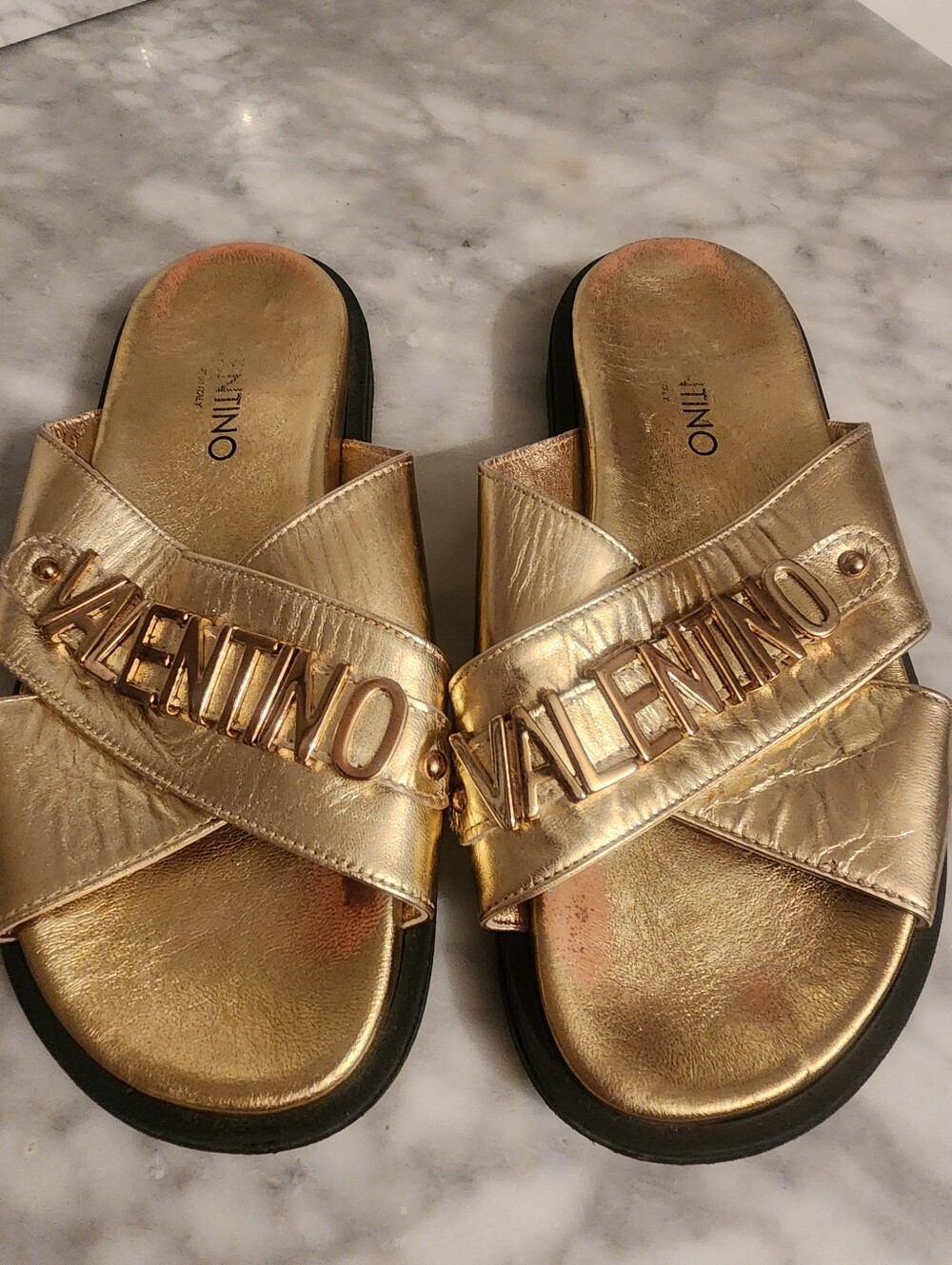 Valentino Women’s Gold Metallic Logo Slide Sandals